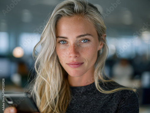 Portrait of a confident young woman with blonde hair and blue eyes holding a smartphone in a modern office environment with blurred background lights