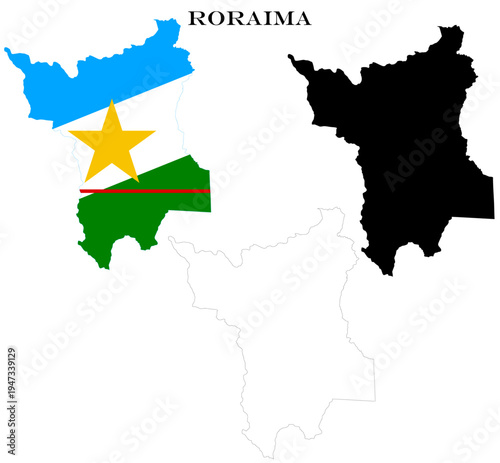 State of Roraima Map Bundle with National Flag, Black Silhouette and Detailed Outline Contours