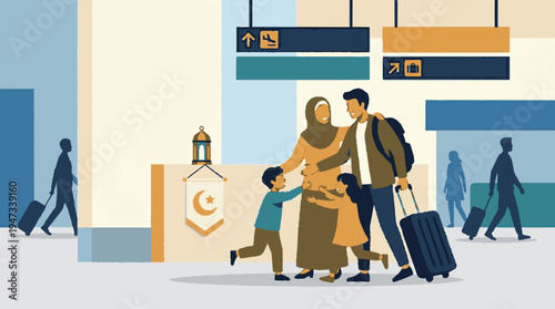 Family celebrates eid at the airport with luggage and islamic symbols in a bright welcoming environment