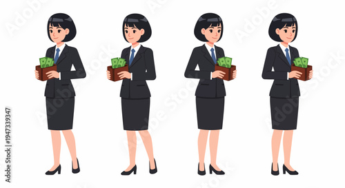 Four identical cartoon businesswomen in dark suits holding small potted plants or money, representing growth and investment.