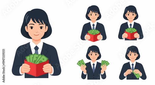 Female professional in a suit holding and counting money, illustrating various financial actions and earnings.