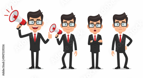 Four cartoon businessmen in various poses, two with megaphones, one with crossed arms, and one with hands on hips, on a white background.