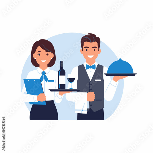 Smiling male and female waiters in uniform serving food and wine in a restaurant setting.