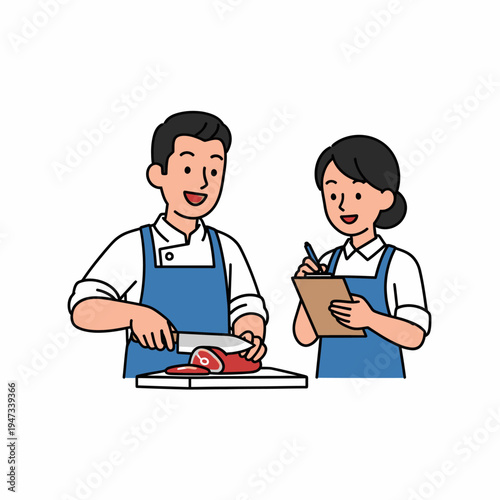 A man in an apron cutting meat on a chopping board while a woman in an apron takes notes on a clipboard, depicting food preparation or inspection.