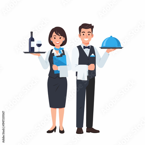 A smiling male and female server in uniform, holding trays with wine and a cloche, ready to serve guests.