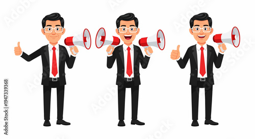 Three cartoon businessmen in suits holding megaphones, one speaking, two giving thumbs-up, representing communication and announcement.