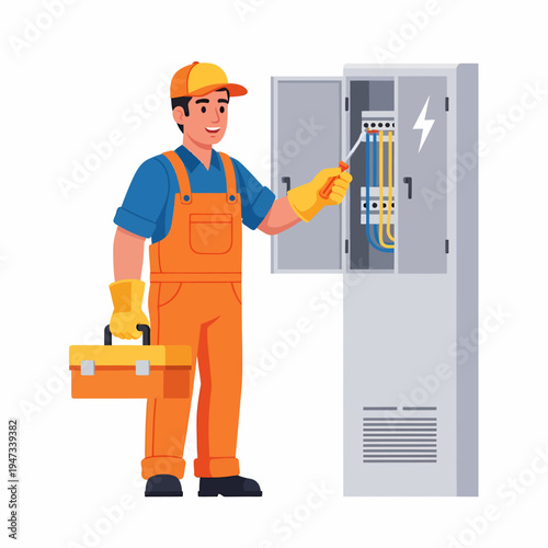 Male electrician in orange uniform working on an electrical panel with a screwdriver and holding a toolbox.