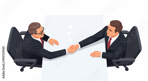 Two businessmen shaking hands across a table, symbolizing a deal or partnership.