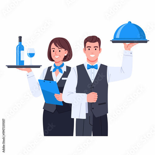 Professional male and female waiters serving food and drinks in a restaurant setting.