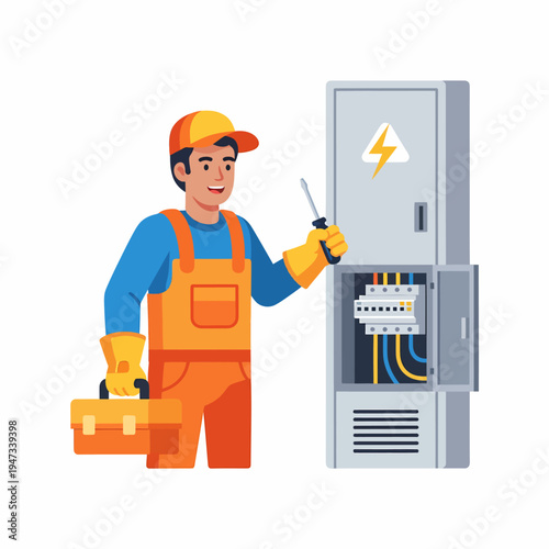 Male electrician in uniform with screwdriver fixing an electrical panel, carrying a toolbox.