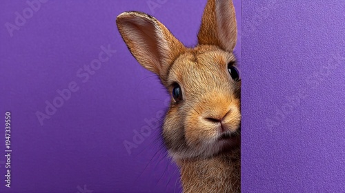 A curious brown rabbit peeking from behind a purple wall with big ears and eyes