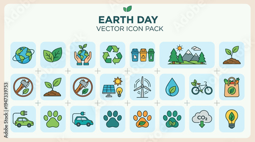 Earth Day themed vector icon pack with environmental conservation symbols, recycling, forest, clean energy, and eco lifestyle icons