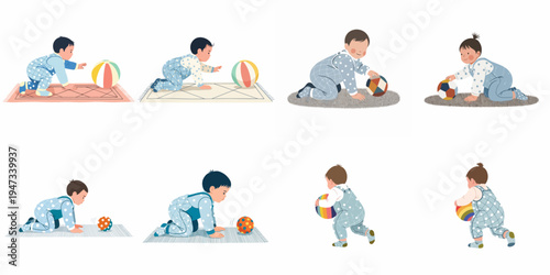 Cute illustrations of babies in various crawling positions and playing with colorful balls on a rug, showcasing early childhood development stages.