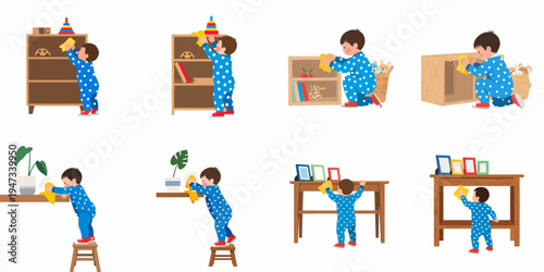 Toddler boy in polka dot pajamas helping with housework by dusting furniture including shelves, tables, and cabinets in a set of eight illustrations.
