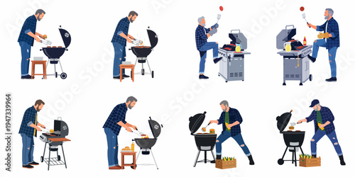 Set of illustrations featuring a middle-aged man grilling hamburgers on various outdoor barbecue grills, isolated on a white background.