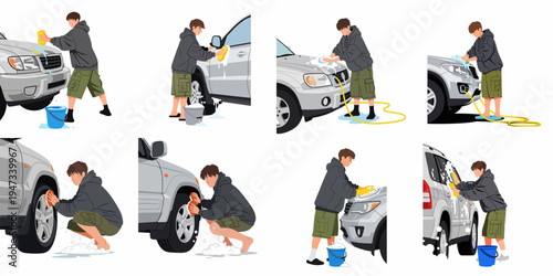 Set of illustrations featuring a man cleaning and washing a silver SUV with soapy water, sponge, and bucket in various positions.