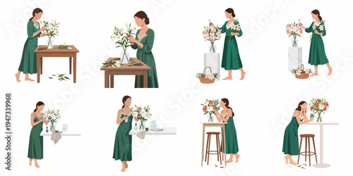 Flat vector illustration set of a woman in a green dress arranging white and pink lily flowers in vases on tables.