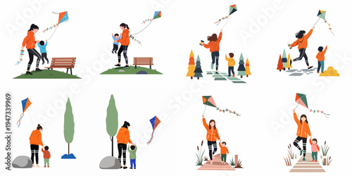 Collection of vector illustrations showing a mother and her young son enjoying flying a kite together in various outdoor park settings.