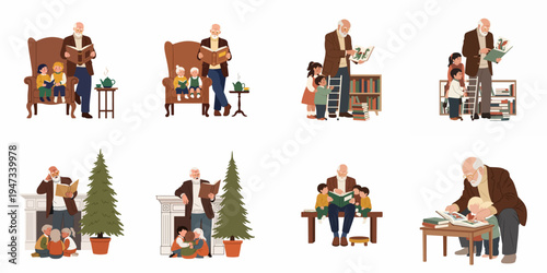 Illustrations of a grandfather reading books to grandchildren in various cozy home settings, depicting family bonding, storytelling, and early childhood education.