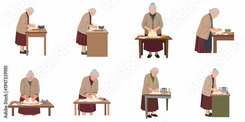 Set of vector illustrations depicting an elderly grandmother kneading dough on a kitchen table, ideal for baking, cooking, and tradition-themed designs.