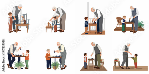 Set of flat illustrations showing a grandfather teaching his grandson how to play chess, representing family bonding, mentorship, and intellectual growth.