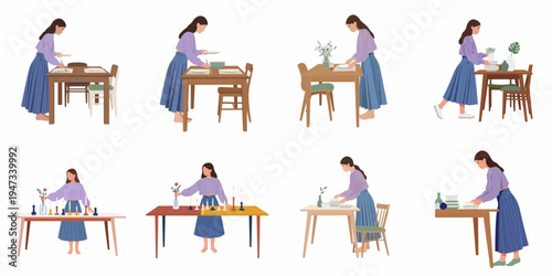 Collection of flat vector illustrations showing a woman setting a dining table with plates, cutlery, flowers, and candles in a minimalist style.