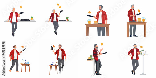 Collection of flat vector illustrations depicting a mature man in a red plaid shirt flipping pancakes in various kitchen settings.