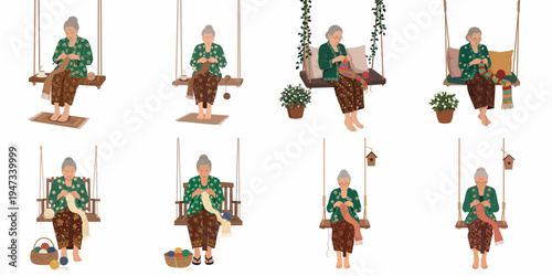 Set of flat illustrations showing an elderly woman in traditional Indonesian attire knitting while sitting on different wooden swings, isolated on white background.