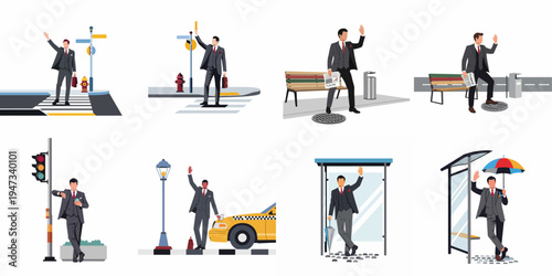 Set of illustrations depicting a businessman in various urban commuting scenarios, hailing taxis and waiting at transit stops in a flat vector style.