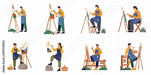 Set of male and female artists in aprons painting landscapes on easels, featuring different poses and art supplies in flat design.