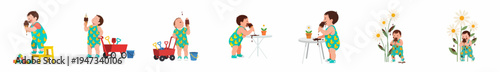 A collection of illustrations featuring a messy toddler in a duck print swimsuit enjoying chocolate ice cream cones in various playful summer settings.