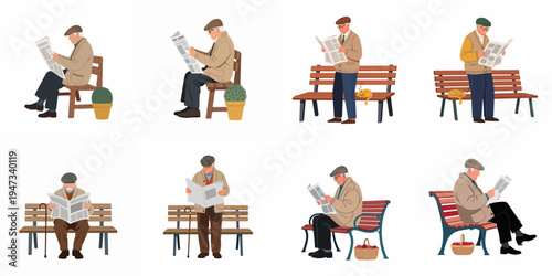 Set of flat vector illustrations featuring elderly men reading newspapers on park benches, portraying a peaceful retirement lifestyle.