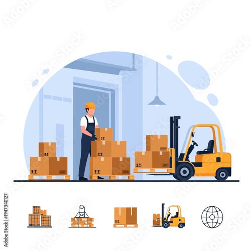 Warehouse employee stacking cardboard boxes with forklift nearby