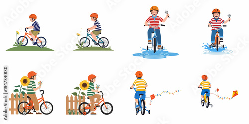 Collection of vector illustrations featuring a young boy happily riding his bicycle in various outdoor scenes, including through puddles and fields.