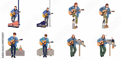 Set of flat vector illustrations featuring young male street musicians busking and playing acoustic guitars in various urban settings.