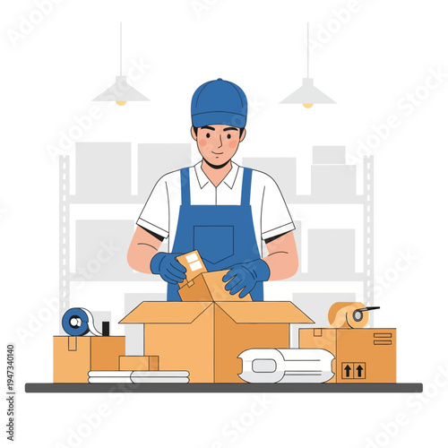 Warehouse Worker Packing Items into Cardboard Boxes Illustration