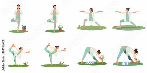 Flat vector illustration set of young women practicing various yoga poses in a garden setting, promoting health, mindfulness, and outdoor wellness.