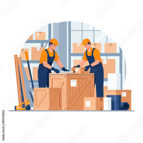 Warehouse Workers Packaging Goods in Logistical Center