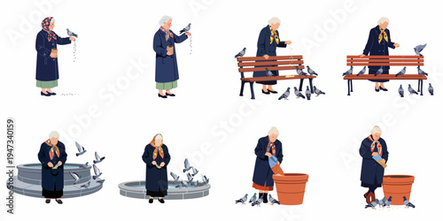A set of flat vector illustrations depicting an elderly woman feeding pigeons in various outdoor city locations like parks and fountains.
