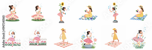 Set of flat vector illustrations depicting a young girl blowing bubbles and a woman enjoying a summer picnic outdoors among colorful flowers.