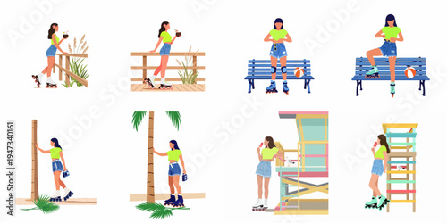 Flat vector illustration set of a young woman roller skating and enjoying summer activities at a beach resort.