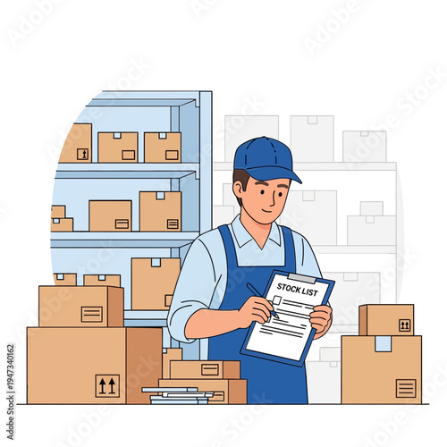 Warehouse worker checking inventory with stock list clipboard