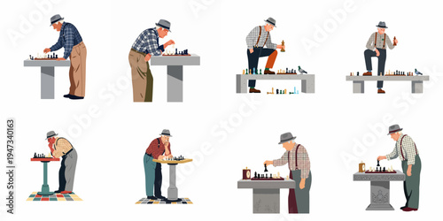 Collection of flat vector illustrations depicting an elderly man in a hat playing chess at various outdoor stone tables and benches.