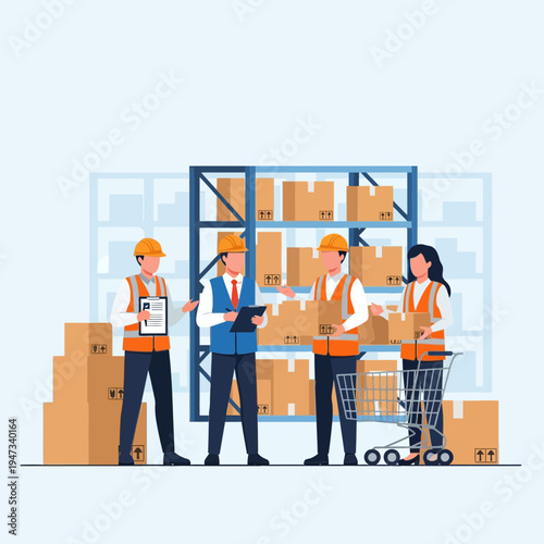 Warehouse workers coordinating logistics and package inventory