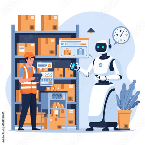 AI Robot and Human Worker Managing Inventory in Smart Warehouse