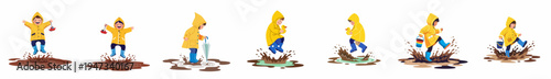 Set of illustrations featuring children in yellow raincoats and blue boots jumping and splashing in mud puddles with toys.