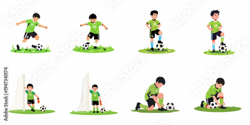 Cartoon collection of a young soccer player in various poses, including dribbling, standing with the ball, resting by the goal, and tying his shoes.