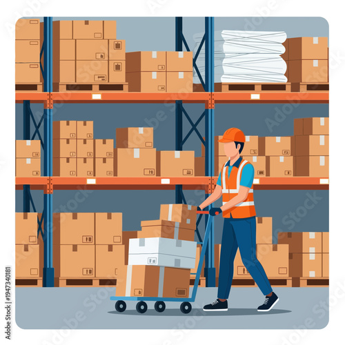 Warehouse Worker Pushing Hand Truck with Boxes in Logistics Center
