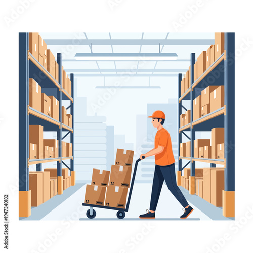 Warehouse worker pushing hand truck with cardboard boxes