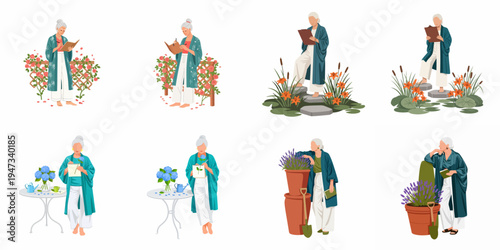 Illustration set of an elderly woman artist sketching and writing in different garden settings surrounded by roses, hydrangeas, lavender, and lush greenery.